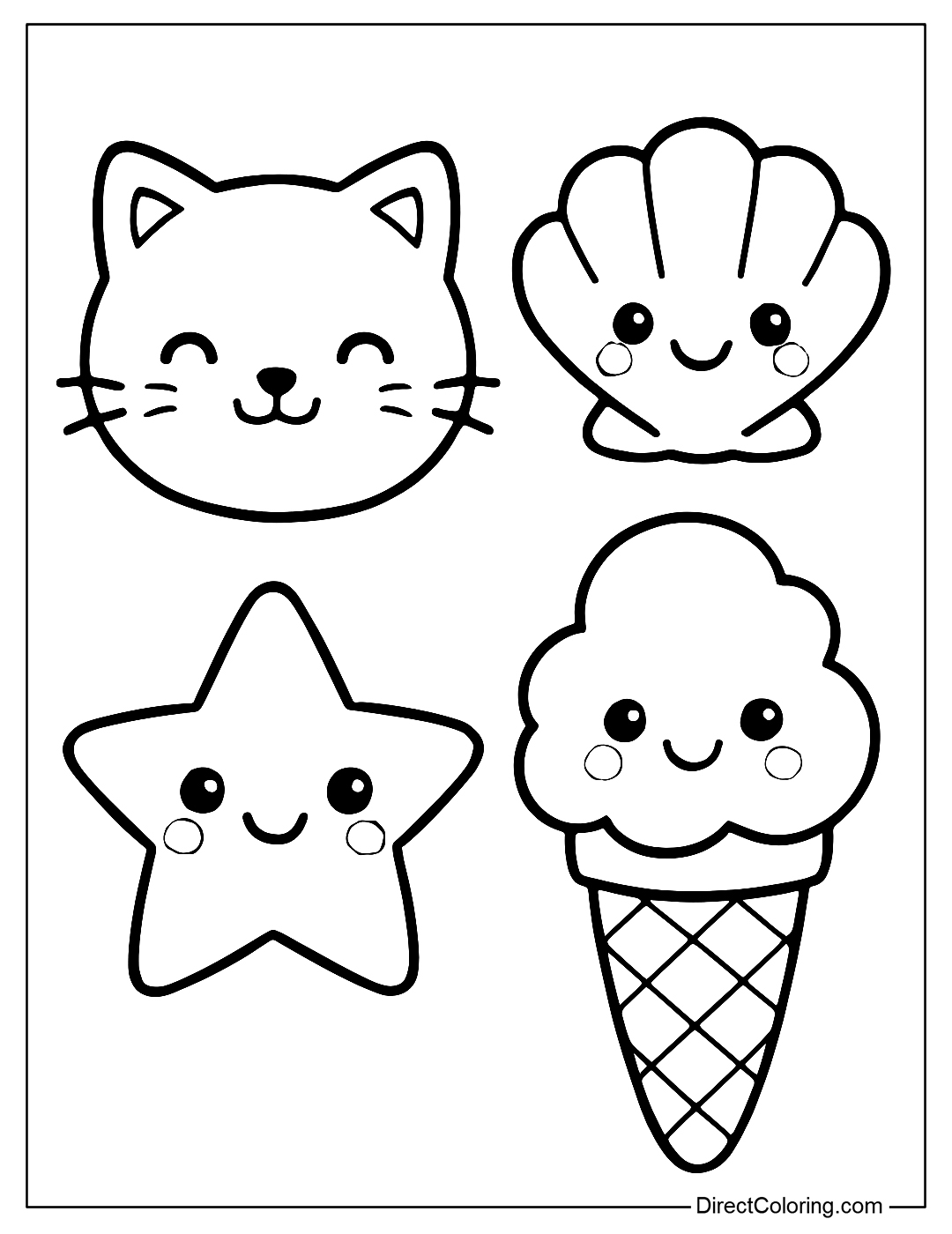 Coloring Page A page with many small stickers: cat faces, seashells, stars, ice cream, all with expressions